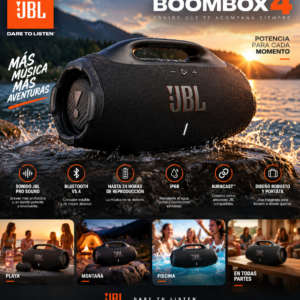 Parlante inalámbrico JBL Boombox 4 negro en exteriores sobre rocas con agua, resistente al agua IP68 y conectividad Bluetooth V5.4.